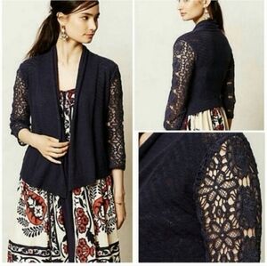 Knitted & Knotted Blue Open Front Lace Crochet Cardigan Sweater Medium